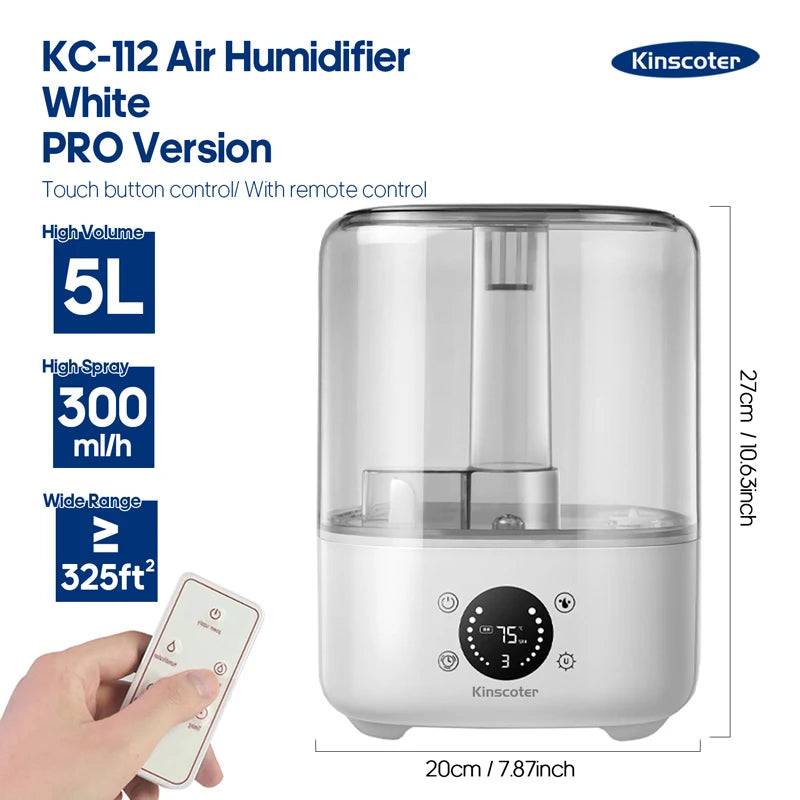 KINSCOTER 3L Air Humidifier Professional Large Capacity Home Humidifier Plant Mist Aroma Diffuser with Remote Control Timer - STYLE B White Pro / EU Plug