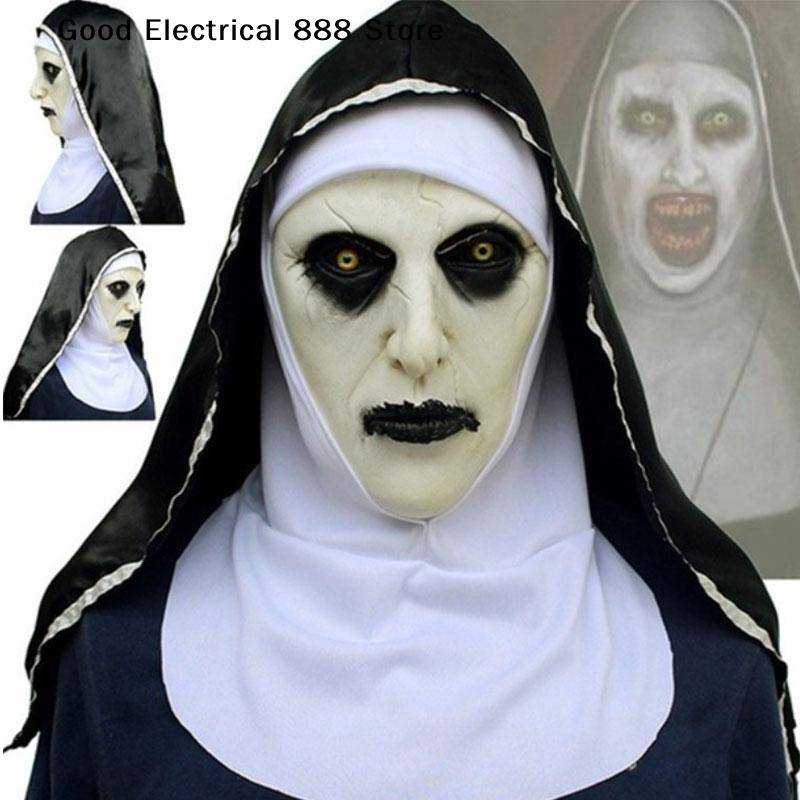 Horror The Nun Mask Cosplay Scary Bloody Demon Ghost Face Latex Masks with Headscarf Halloween Party Costume Terrifying Design