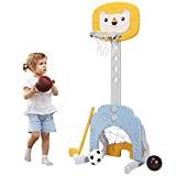 COSTWAY 3-i-1 Basketställ med stativ, Småbarnsbasketbollsring med 5 justerbara höjdnivåer, basketbollfotbollsgolfspel, Inomhus- och utomhusbasketbollsringsset med stativ (Gult)