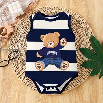 Söt minimalistisk randig body med björntryck för babypojke, lämplig för vardagsbruk och sommarutflykter - Multifärgad (6-9M,9-12M,12-18M,18-24M,1-3M,3-6M)