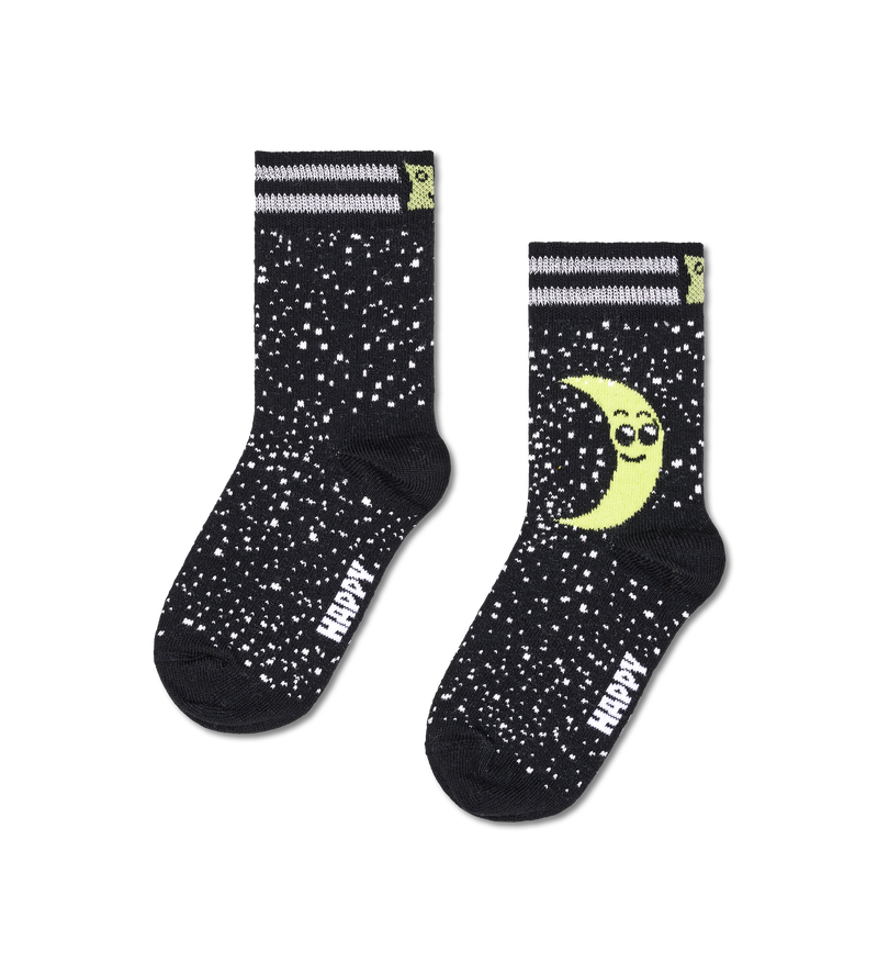 Kids Black Moon Socks | Children's Crew Socks - Black, White, Yellow (12-24 Months)