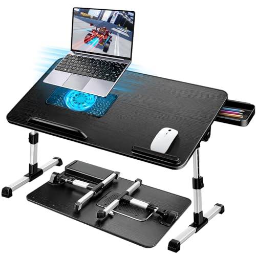 AirOpen laptopbord för sängen, justerbar höjd, vinkel, sängbord fällbart med kylare för bärbar dator, låda, laptopbord för säng, soffa, soffa, golv (60 x 34 cm, svart)