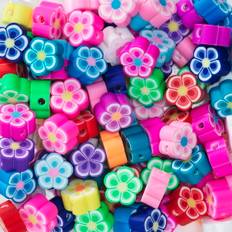 Blomsterperler af ler, ca. 100 stk. farvestrålende og detaljerede perler, ca. Ø1 cm
