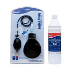 Toiee Toilet Plug og 1 liter Toiee Special WC Afkalker Extra Power. Effektiv kalkjerner. Afkalker toiletkummen enkelt og helt af sig selv. Toiletkummen stilles i blød og kalkbelægningerne opløses - DK/S
