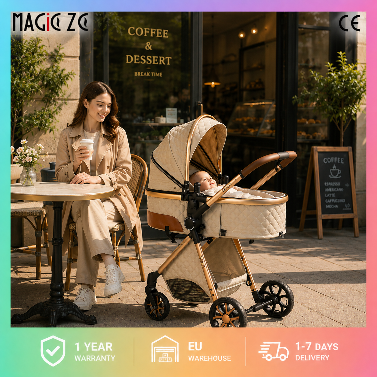 Magic ZC 3 in 1 Baby Stroller Travel System, Compact Foldable Pushchair with Carrycot, Infant Car Seat and Reversible Seat, High Landscape Pram, Shock Absorber Wheels, Adjustable Handlebar, One-Hand