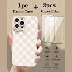 3pcs HD Full Cover Screen Protection Tempered Film &Checkered Pattern Liquid Silicone Mobile Phone Case Full-Body Protection Shockproof Anti-Fall TPU Soft Rubber Case With Apple IPhone11/12/13/14/15/15pro/15 Plus/15 Promax/7plus/8plus/X/Xs Max/Xr/11pro/12pro/13pro/14pro/12mini/13mini/11promax/12promax/13promax/14promax/14plus/6/6s/6plus/7/8/Se