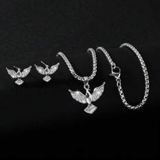 3-delat/set smyckeset för män: Moderiktigt örnhängehalsband, punkrockörhängen med örn och kubisk zirkonia - Personlig present till män - Silver (En-Storlek)