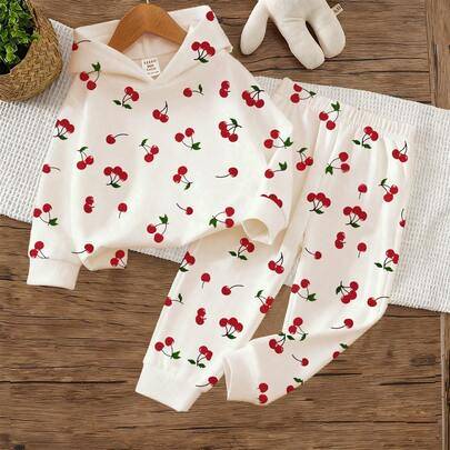 2 st set med huva och byxor för babyflicka, körsbärsfrukttryck, bekväm och söt outfit för höst/vinter, babyträningsoverall, körsbärsoutfit, babykläder - Multifärgad (6-9M,9-12M,12-18M,18-24M,2-3Y)