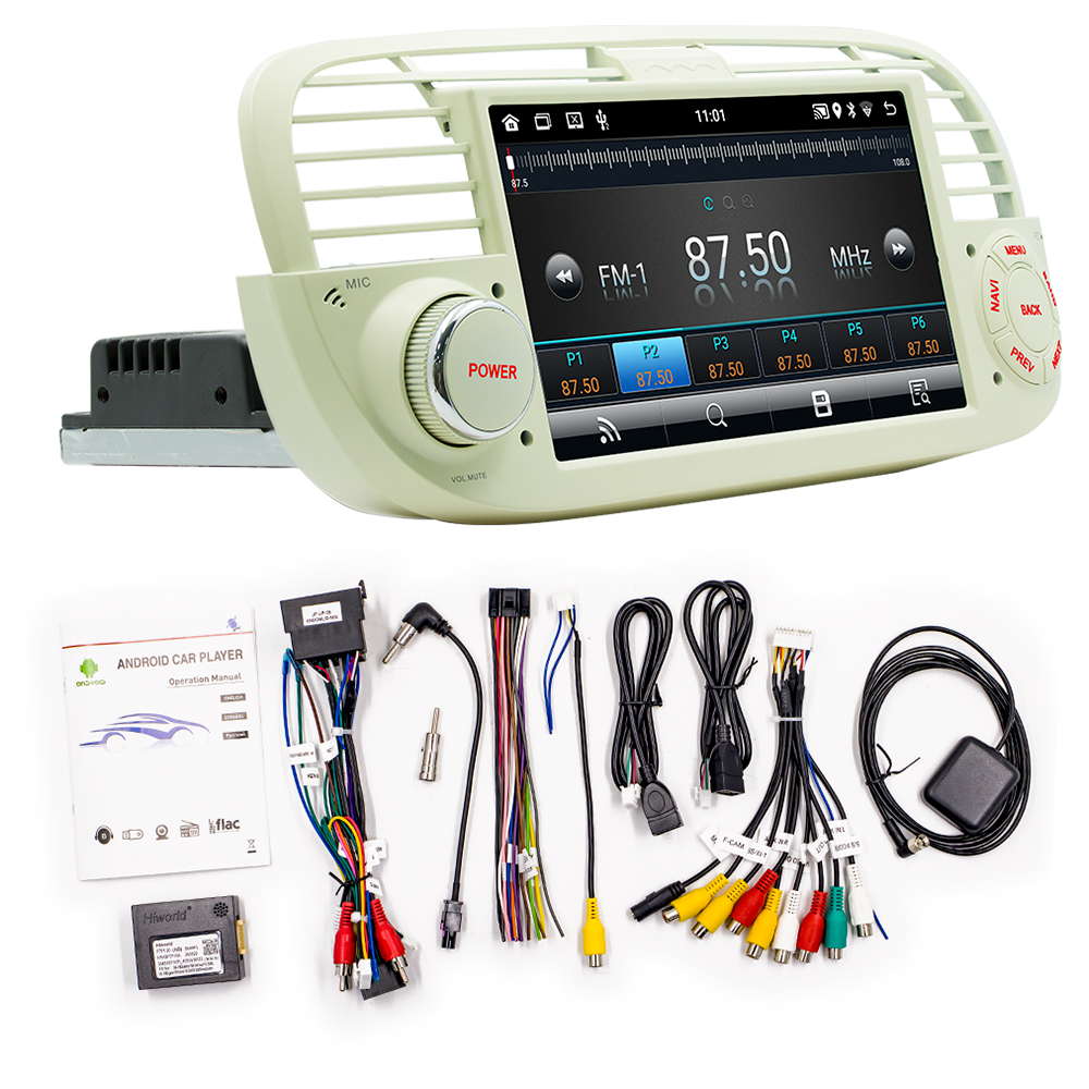 Autoradio 7'' kit til Fiat 500 2007-2015 - CarvillZ FYT03 beige - Trådløs Carplay & Android Auto