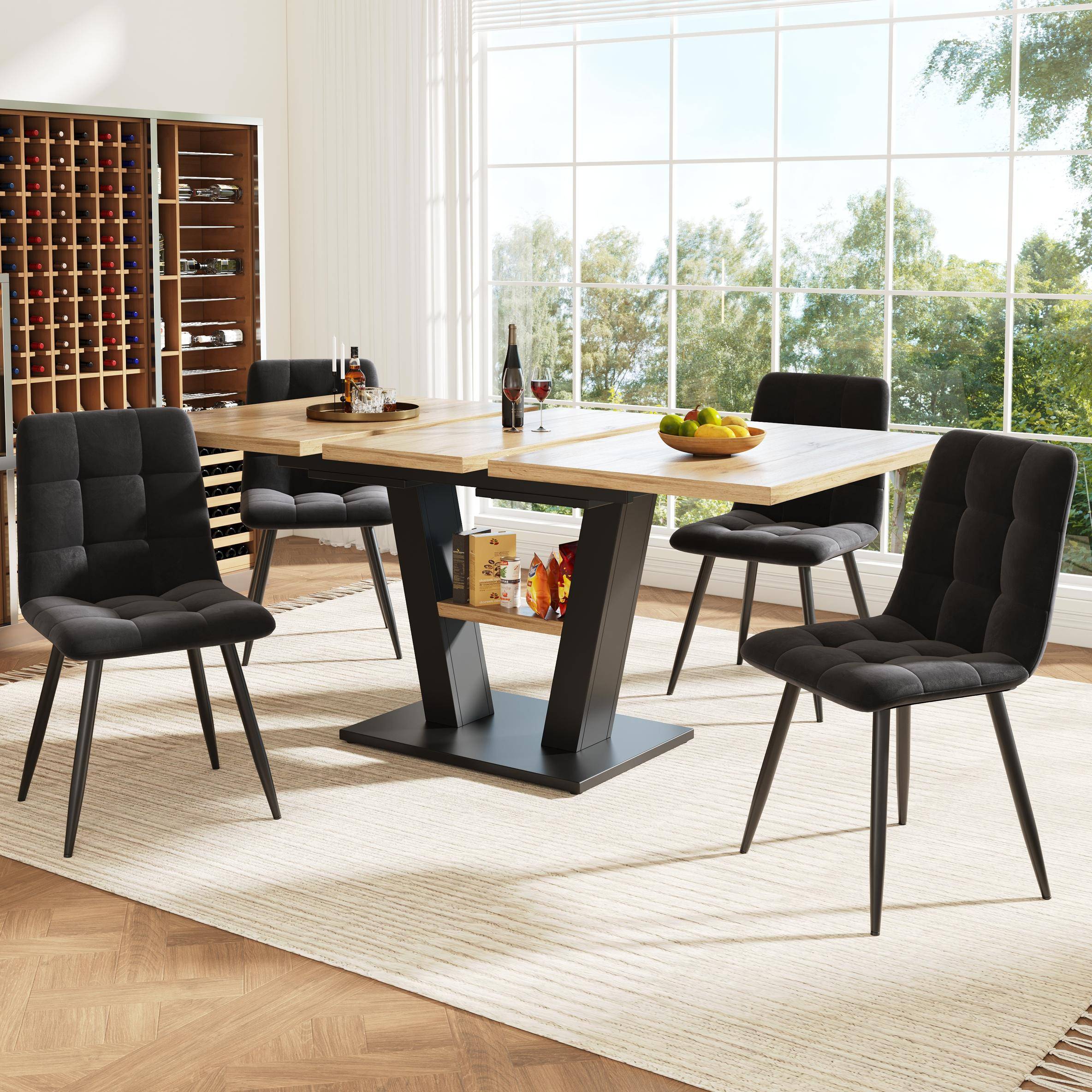 Extendable Dining Table, Marble-Effect MDF Top, V-Shaped Metal Legs, Space-Saving Desk/Table for 6-8, 118x70x75 cm, Black/Natural Aosom UK