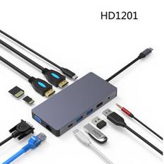 Multi Usb 3.0 4k Vga Rj45 Adapter Till Splitter 3 Port Usb Hub Usb-c Typ C För Macbook Usb Hub Dockningsstation för bärbar dator HD1201