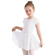 Eisnnu Tjej Balettklänning Dansklänning Tutu Body Gymnastik Bomull Kortärmad med chiffong kjol lämplig för ålder 2–11 år, Vit, 122-128