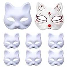 Tuofang 8 stycken gör-det-själv kattmask, vit mask cosplay, handmålad kattmask, festmask omålade kattmasker rävmask, för maskerad, halloween, barn, cosplay, kostym, gästpresenter (B)