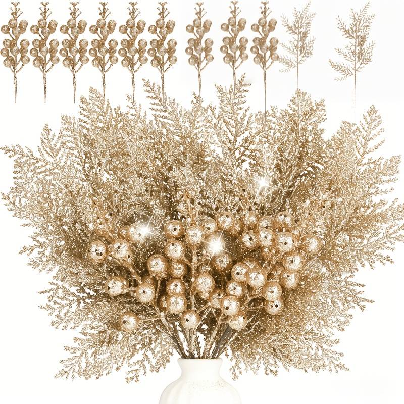 11pcs Set Of Artificial Glittery Christmas Pine Branches And Glittery Berry Stems, Faux Floral Twig Ornaments For Christmas Trees, Wreaths, And Festive Decorations, Very Suitable For Christmas Decor