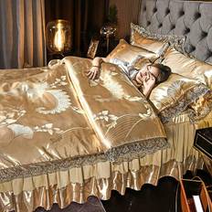 4pcs/set Satin Jacquard Single and Double Quilt Cover Lace Edge European Bed Skirt Wedding Bedding Set Comfortable Soft Skin Friendly Four Piece Set Queen 4 pcs gyllene