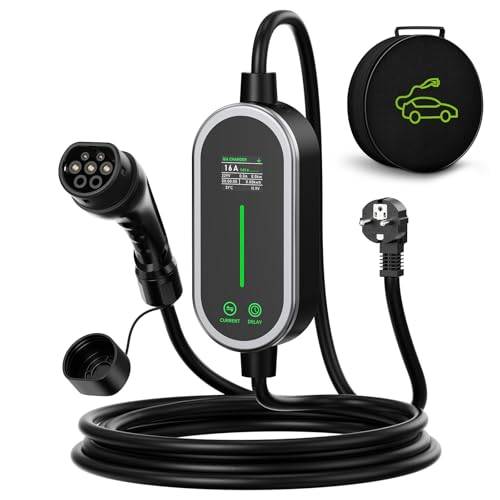 AUFYEV Elektrisk billaddare 3,6 kW 5 m, 6-16 A | Laddningskabel för elbil, typ 2 bärbar kabel med LED-display och väska, kompatibel med EV/PHEV IEC 62196-2