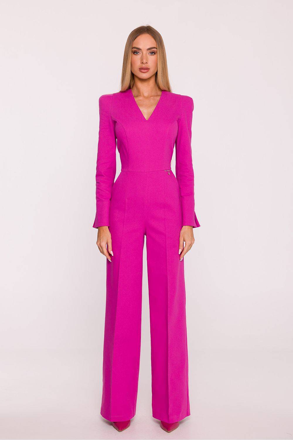 Moe - Sophisticated Denim-Like Tailored Palazzo Jumpsuit - Pink - L (L)