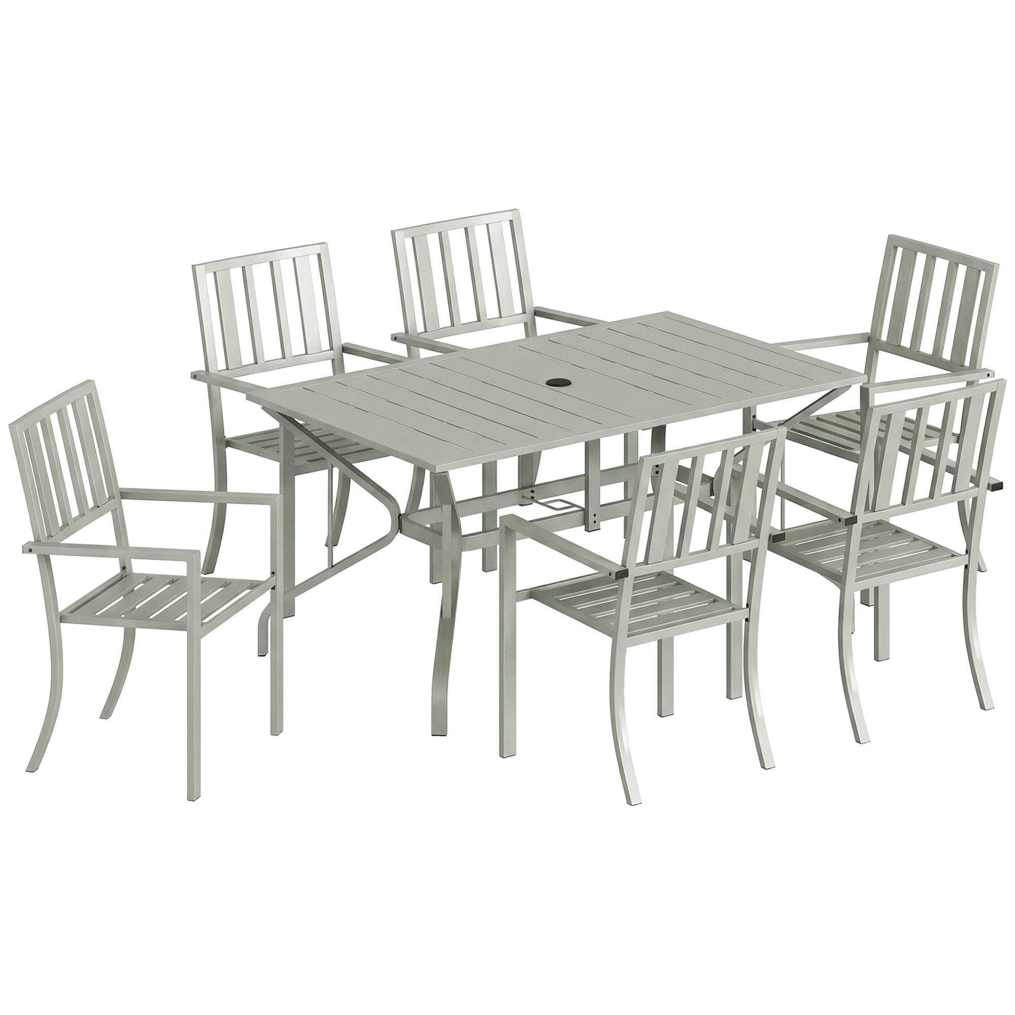 Outsunny 7 Pieces Garden Table and Chairs, 6 Seater Outdoor Dining Set with Umbrella Hole, for Garden, Light Grey Aosom UK