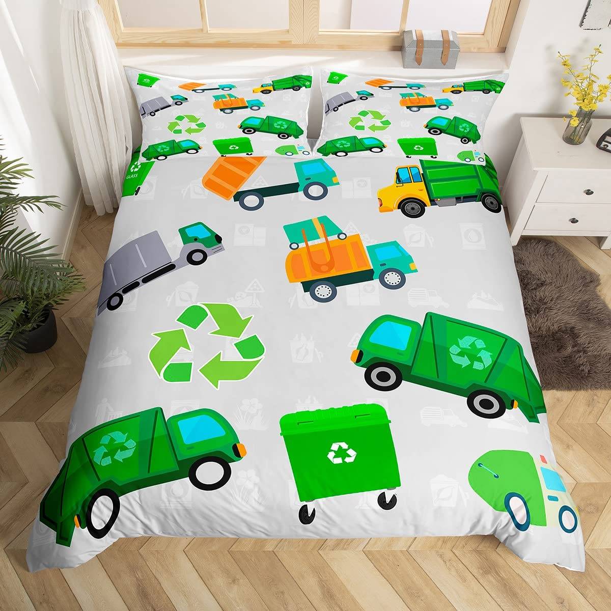 Barn Pojkar Grön Sopbil Kung Drottning Påslakan Sopbil Täcke Överdrag Fordon Bil Sängkläder Set Polyester Quiltöverdrag 173x218cm 2pcs