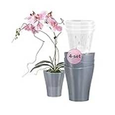 Trädgård lux orkidékrukor, antracitgrå, set om 4, 2 l, Ø 16 cm med 4 set, orkidéer, överkrukor, dräneringshål, plast, transparent, 1 l, Ø 14 cm för inomhusbruk