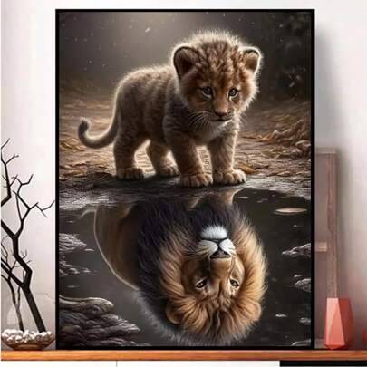 Gör-det-själv 5D-diamantmålningssats Lion Reflection Full Borr Rund Diamantkonstbroderi Hantverk För Hemmakontoret Väggdekor, Djurtema Canvas Set Med - Multifärgad (30*40,40x50 cm)