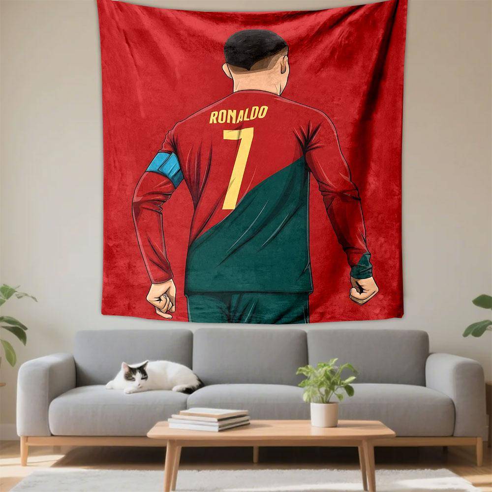 Cristiano Ronaldo Portugal Number 7 Back View Wall Tapestry Red Green Jersey Captain Armband Decor for Bedroom Man Cave Fan Gift