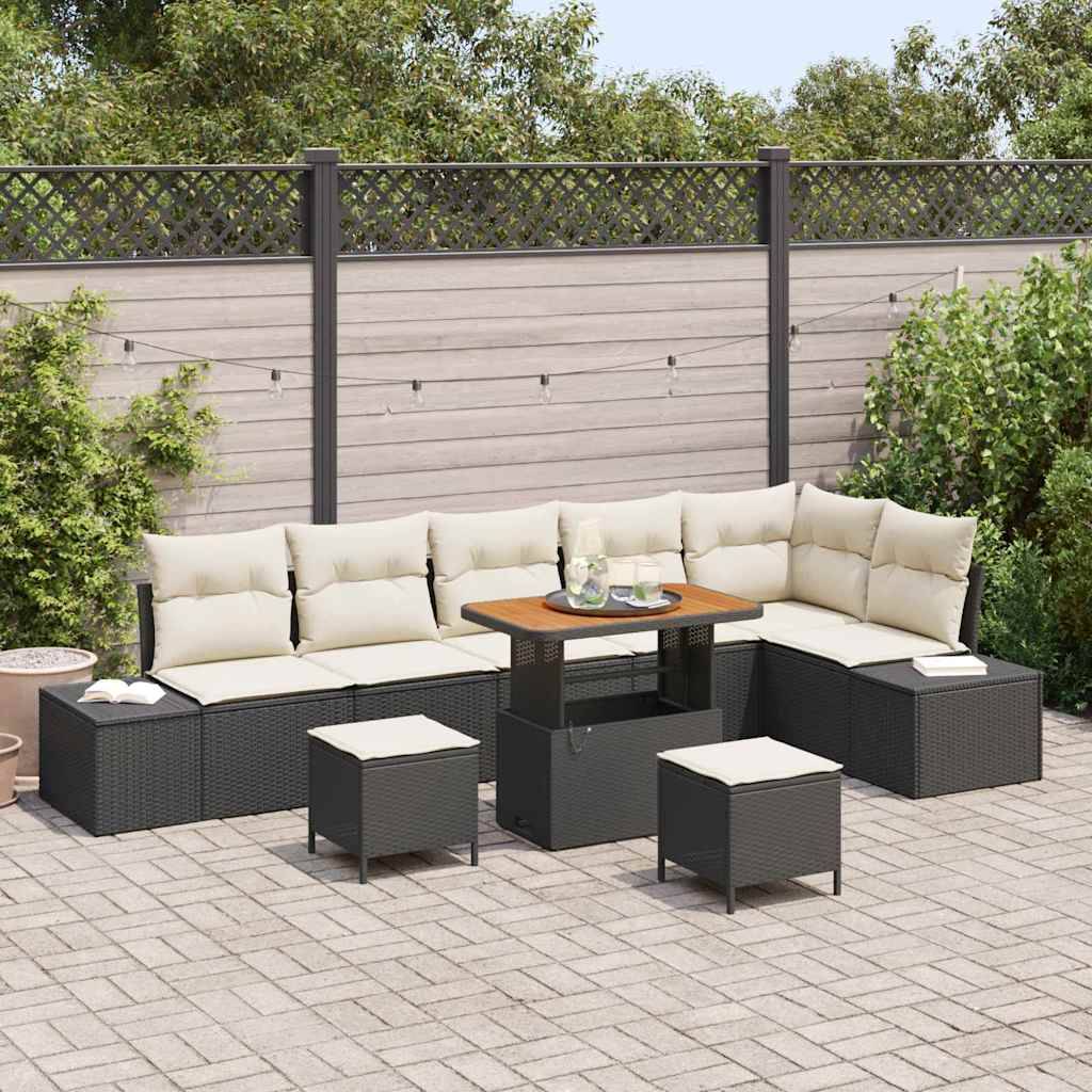 Havesofa Sæt Med Pude 9 Dele Polyrattan - Sort / Cremehvid / 90 cm bordlængde