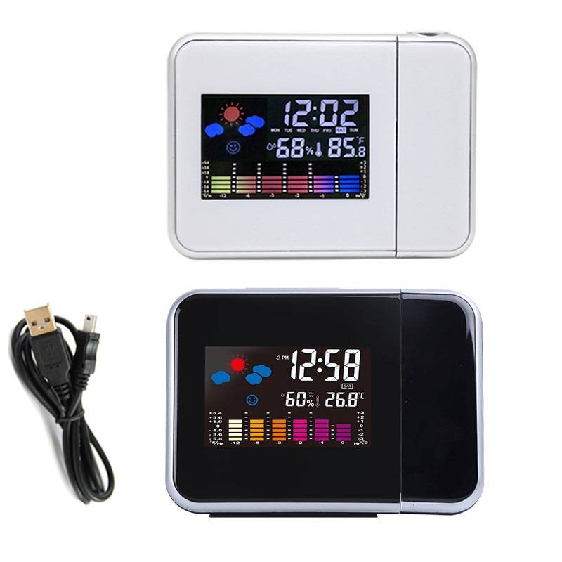 Väckarklocka digital projektion temperatur termometer skrivbord tid datum display projektor kalender usb laddare bord led klocka - Vit