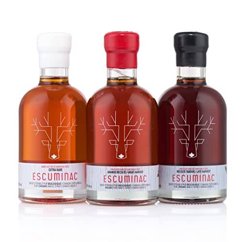 Prisvinnande Escuminac kanadensisk lönnsirap presentpaket Klass A inklusive en Extra Rare, en Great Harvest och en Late Harvest – Ren ekologisk oblandad med ursprung i samma skog – 3 X 200ml