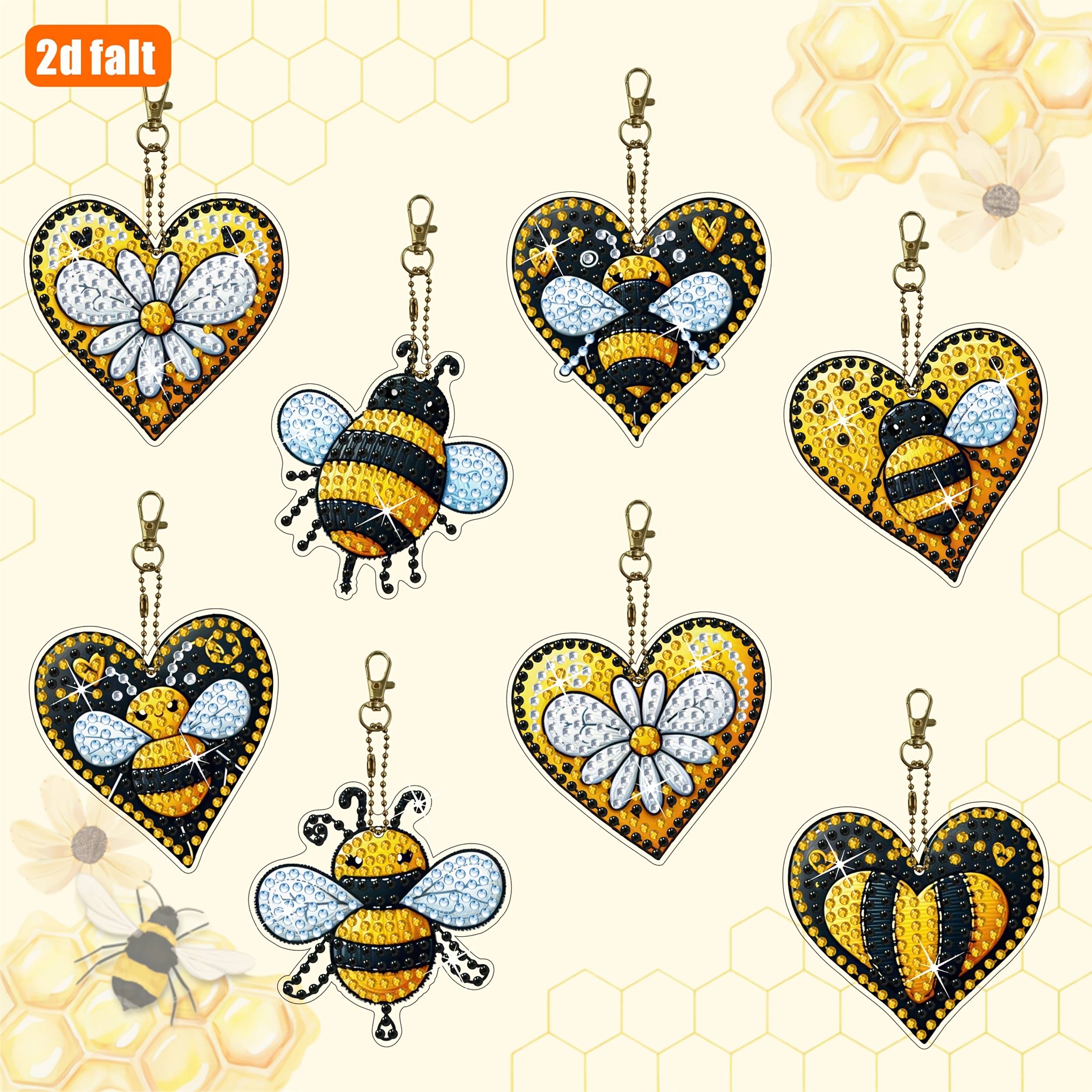 2d Flat 2d Printed Adult 5d Diamond Painting Kit, 8pcs Heart Bee Diamond Painting Keychain Set, 5d Heart Bee Diamond Painting Keychain Diy Painting Kit, Kit, Diy Craft, Ideal Holiday Gift, 2d Flat
