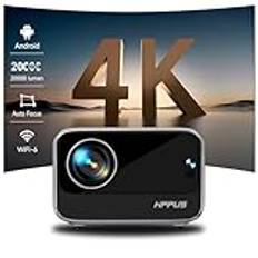 WiFi-projektor 6 Bluetooth 4K stativ, 20 000 lumen HIPPUS inbyggd 1080P Full HD-projektor med elektrisk trapetskorrigering, mobil hemmabioprojektor för HDMI/USB, vit