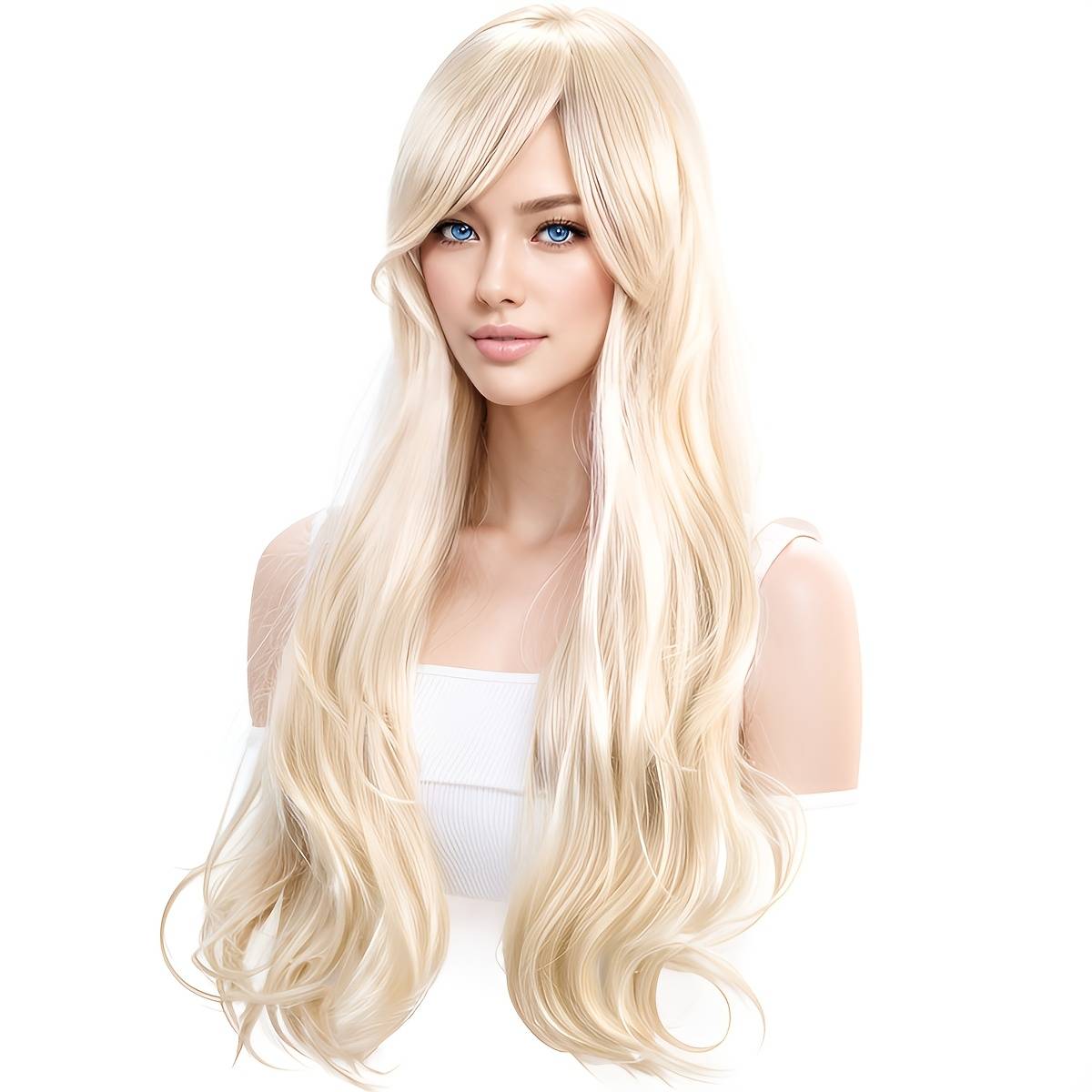 Long Curly Wavy Blonde Wig With Bangs, Heat Resistant, Curly Hair, Anime-inspired Costume Wig For Parties, Music Festivals And