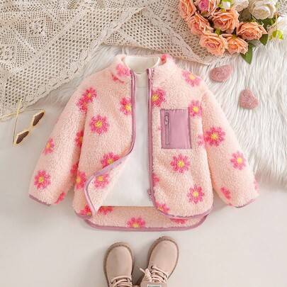 Ung flicka Casual Söt Stand Collar Dragkedja Fuskficka Blommönster Pälsjacka, Höst/Vinter - Rosa (6Y,7Y,4Y,5Y)
