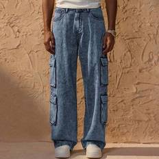 Trendiga stentvättade Cargo-jeans med raka ben för män med fickor med lock, höst- och vinterbyxor - Kungsblått - L,M,S,XL
