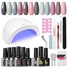 UR SUGAR UV nagellackset med UV-lampa 48 W, 6 färger gel nagellack startset UV gel nagellackset med bas och toppmatta coat rosa naken grå gelnaglar startset naglar nagelstudio set