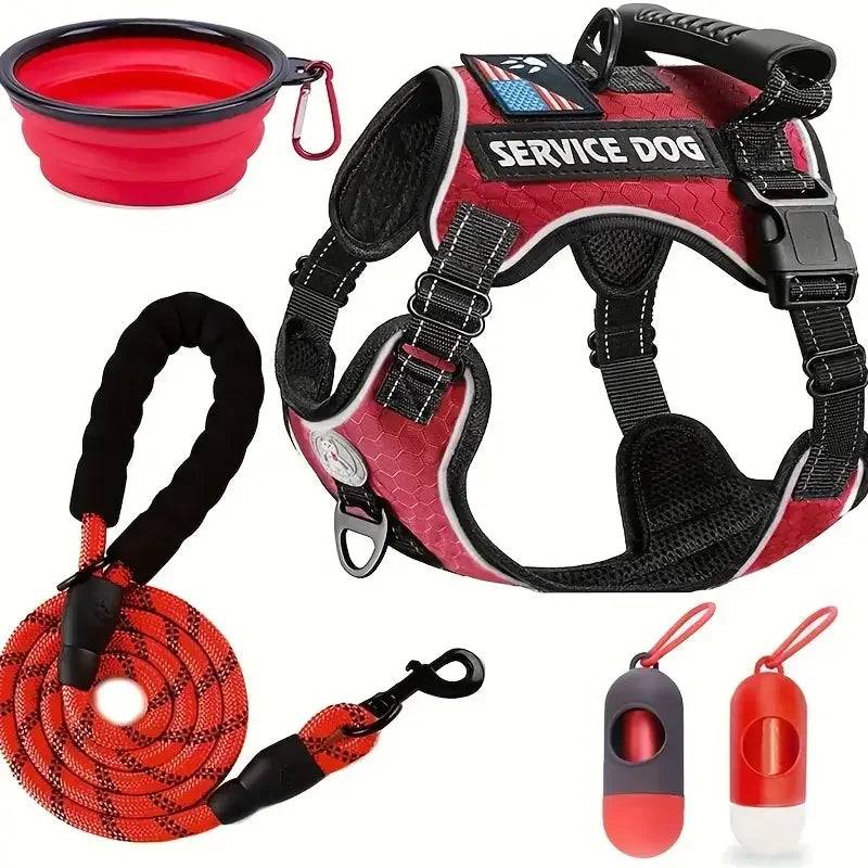 Dog Harness Set — Chest Vest, Shock-Absorbing Lead, Folding Bowl & Waste Bags - Red / S (S)