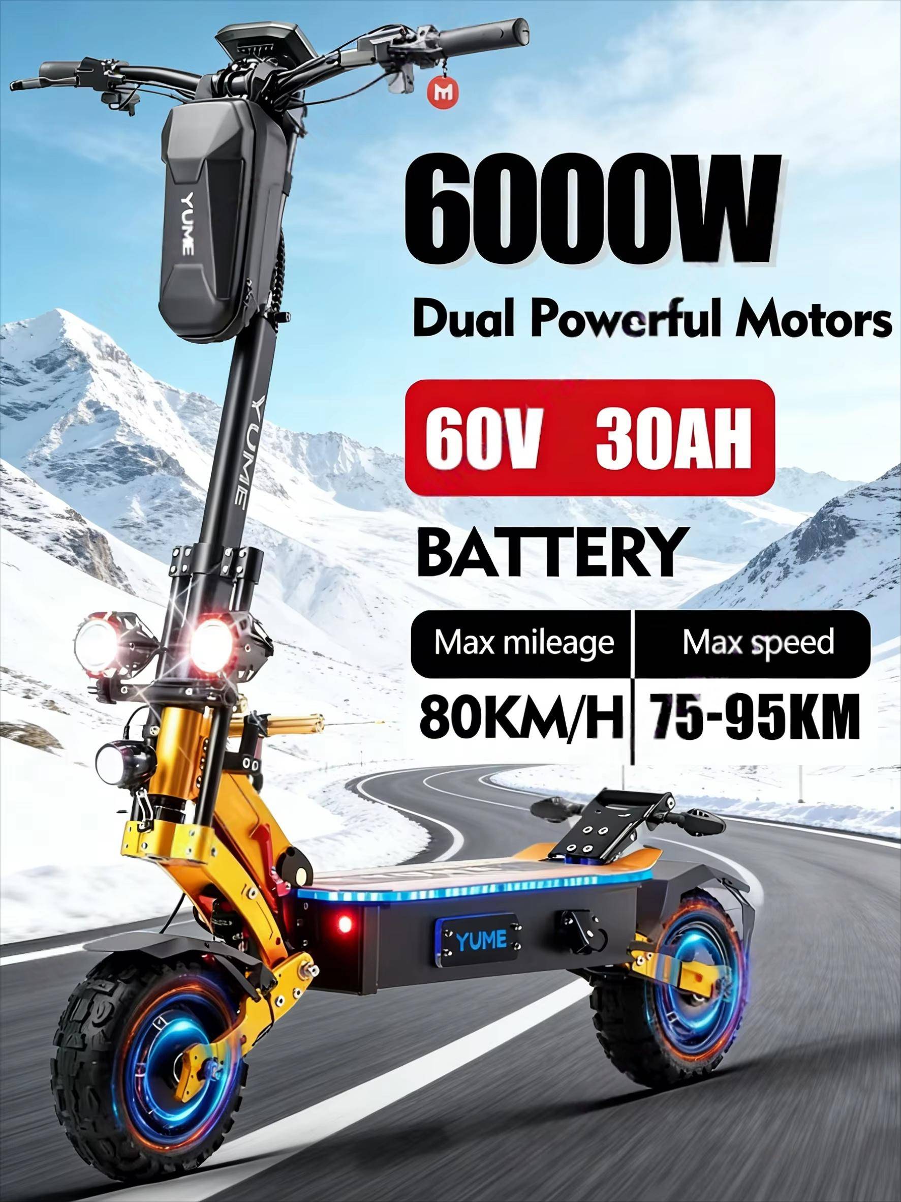 YUME X11+ Elsparkcykel 2*300W 60V 30Ah Batteri Dubbelmotor 11 tums Däck 90KM Max Räckvidd 150KG Max Hastighet 95km/h