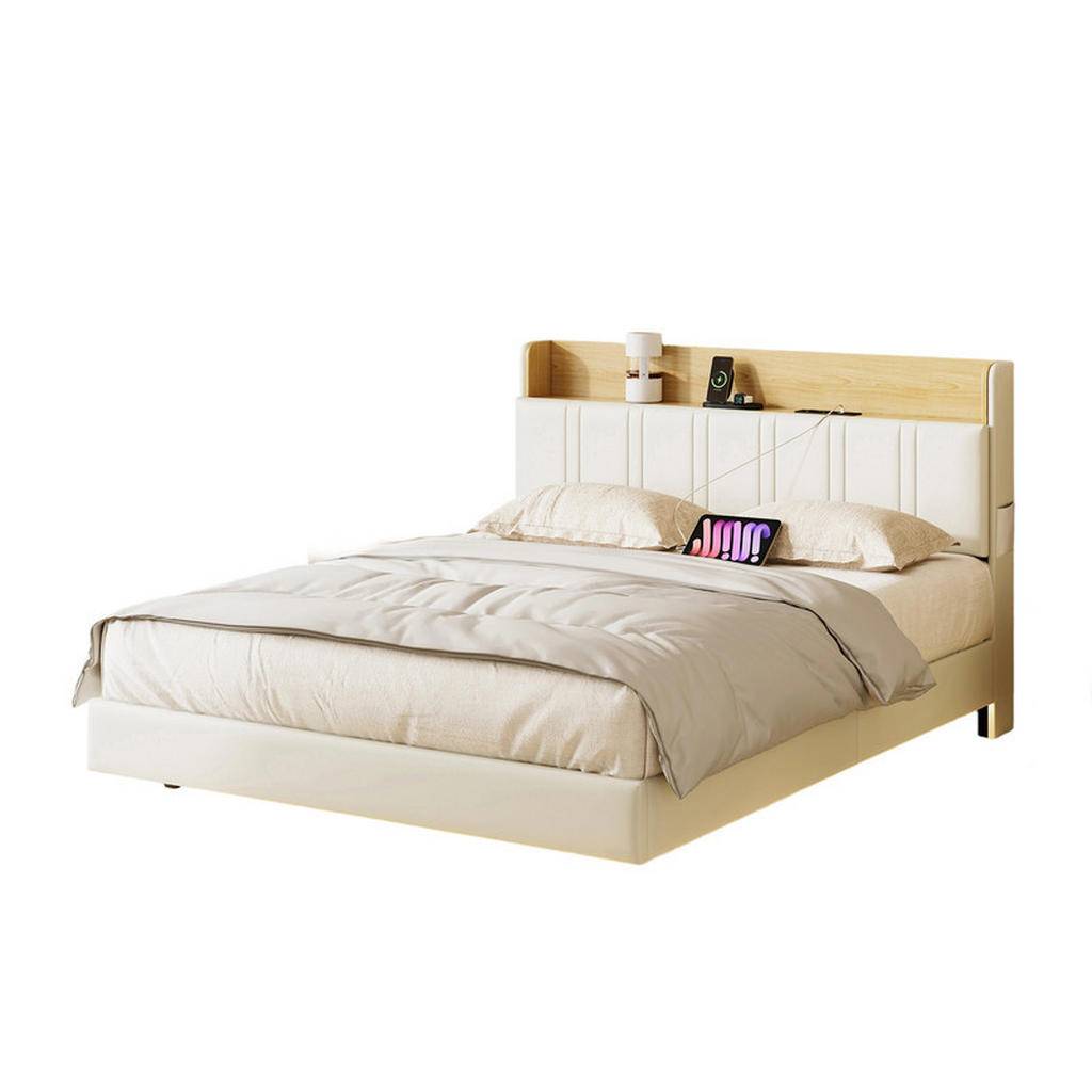 KLÄDD säng 160x200 cm vit PU LED USB flytande säng - Vit