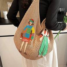 Ihålig vävd väska Bohemisk stil Strandväska Stor kapacitet Slouchy stil Strandväska Shopping Dam Casual Strandväska Stor kapacitet Virkad Blommig Tote - Kaki