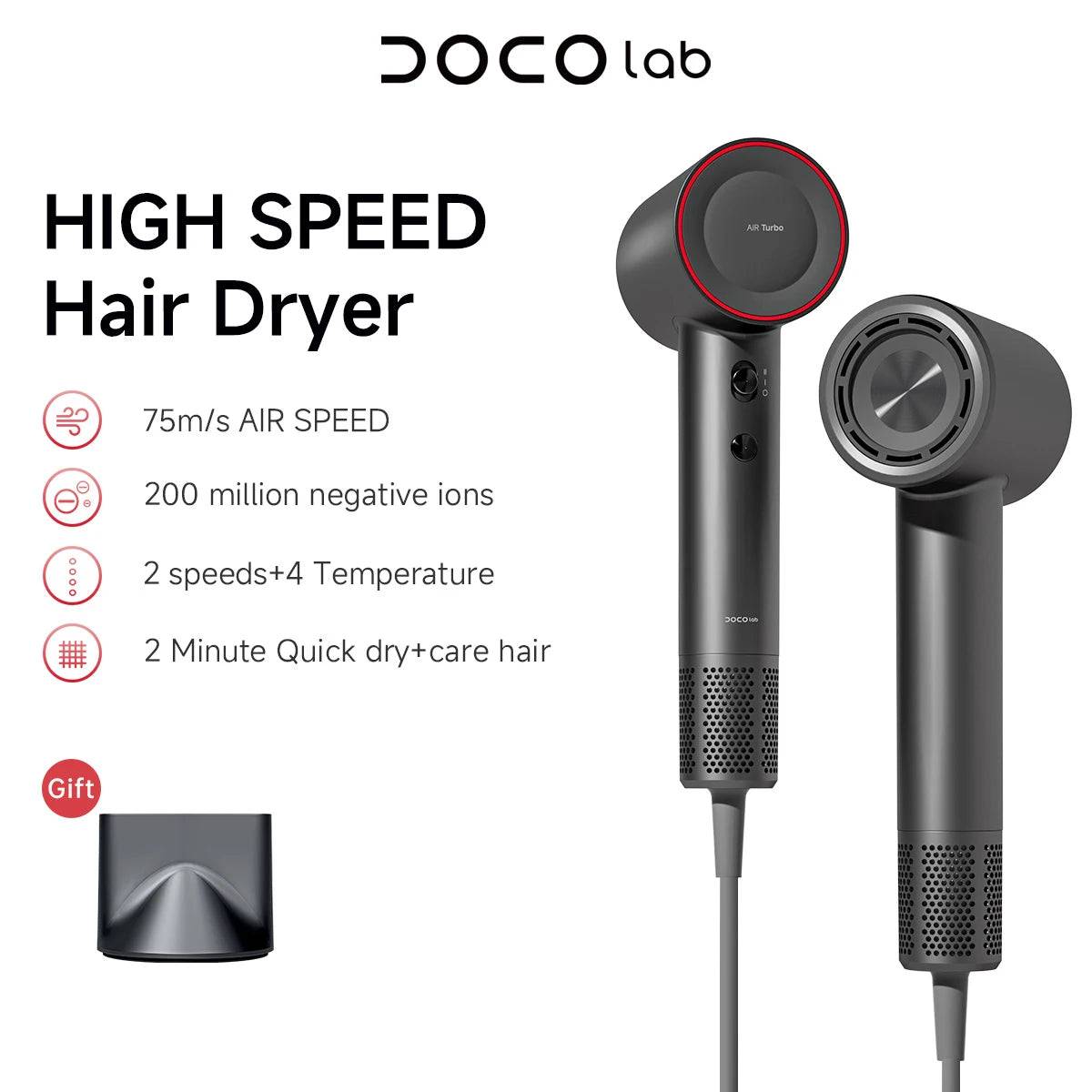 High Speed Hair Dryer 75m/s 200 million Negative Ions Hair Care - dark gray / EU / Saudi Arabia
