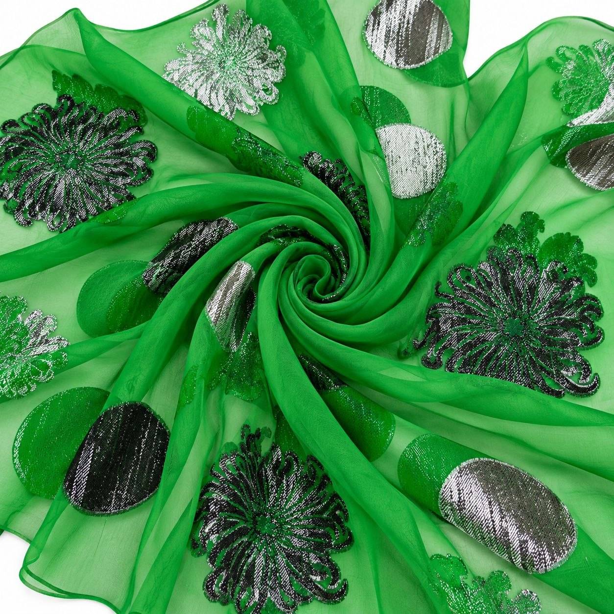 Smaragdgrøn Lurex Chiffonsilk Med Sølvfarvede Blomster Og Cirkelmotiver - Stof i Metervarer