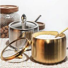 300 ml sockerskål i rostfritt stål med glaslock och sked - guld/silver, perfekt för kaffe, te, kryddor, hem- och kontorsbruk - Multifärgad (silver,guld)