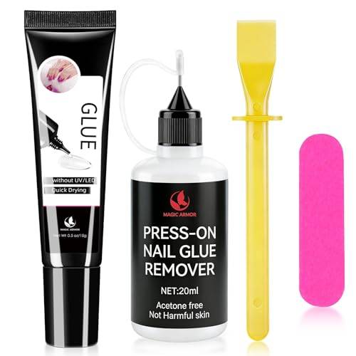 Nagellim gel 15 g + borttagare 20 ml för press-on-nagelspetsar, ingen UV-lampa krävs gelnagellim, snabbtorkande, ett långvarigt kit för konstgjorda akrylnaglar, limgel