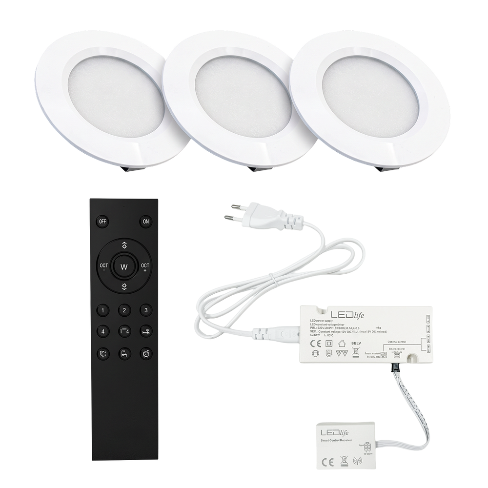 3 stk. Reco68 møbelspot dæmpbar, mat hvid - Vælg RF/WiFi/Zigbee strømforsyning (fjernbetj. medfølger) - Dæmpbar : Via Zigbee, Kulør : Varm