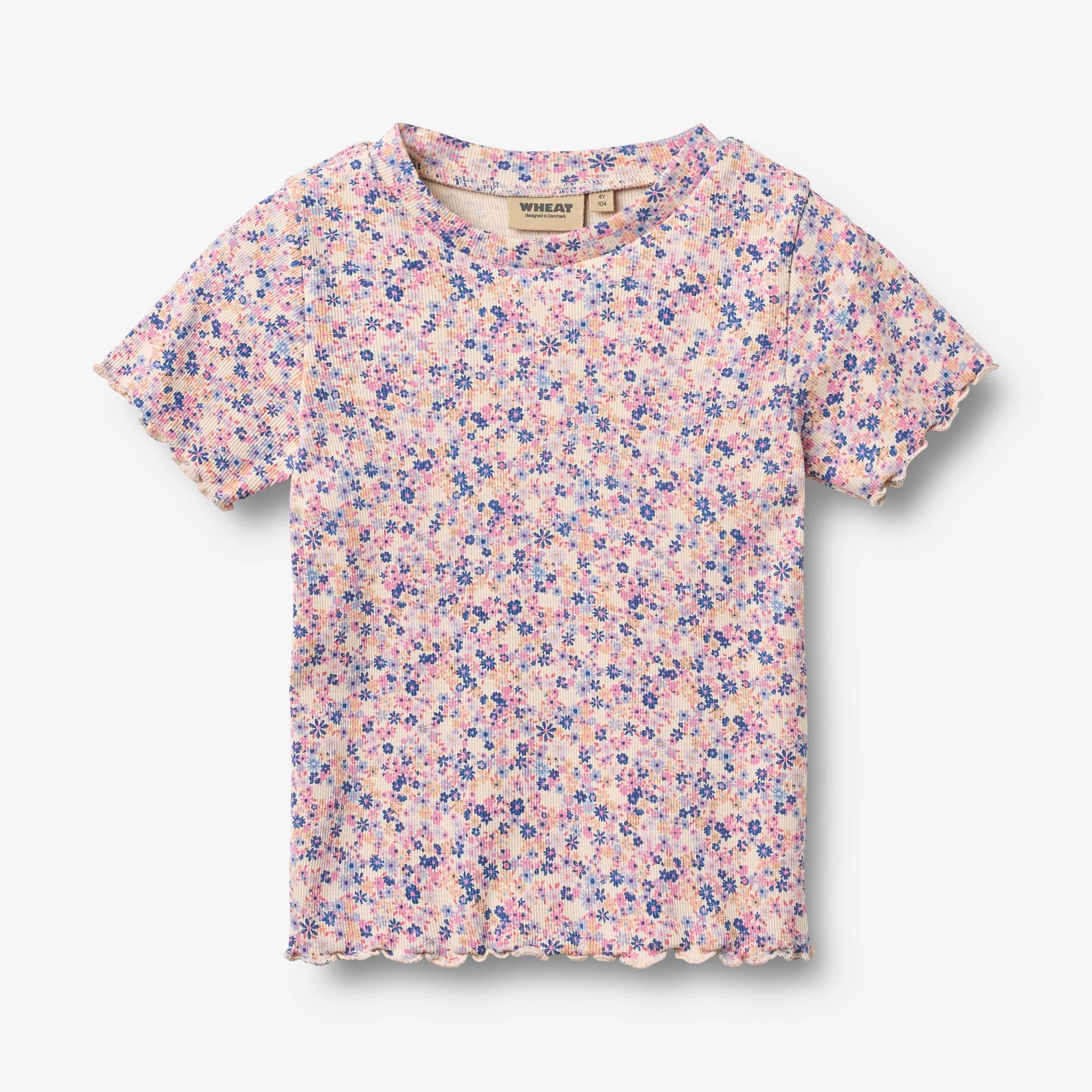 WHEAT® - Kortærmet Rib T-shirt Alicia - pink blue flowers - Str 128.