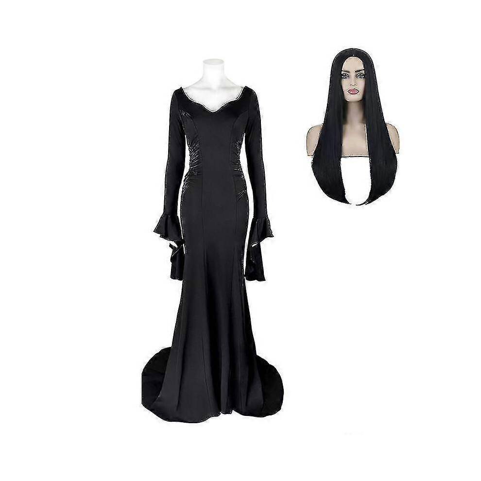 (XXL, Without wig) Wednesday Morticia Addams Cosplay Costume Sexy Black Dress For Women Halloween Carnival Party Costume