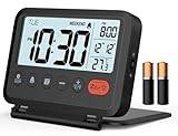 MeesMeek Reseväckarklocka: 2-nivåers bakgrundsbelysning, 2 volymer, 12/24 H, kalender, temperatur, helgläge, snooze, vikbart fodral, batteridriven liten digital klocka (AAA-batterier ingår)