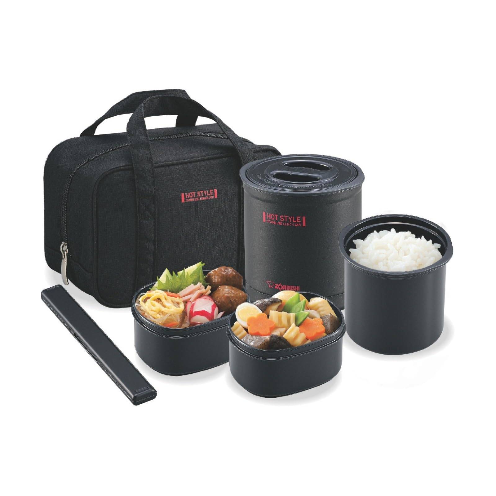 Zojirushi Insulated Lunch Box with Chopsticks Microwave Rice Container Side Dish Warm Black & Pouch, Safe, & Container, Lunch, SZ-MB04-BA svart