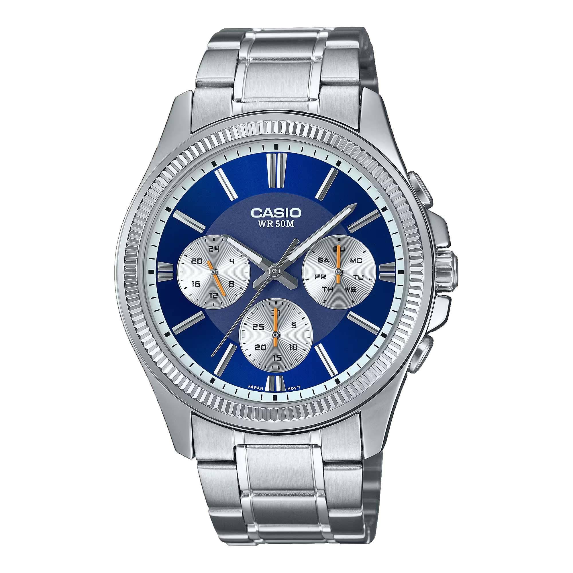 Casio Stainless Steel Fluted Bezel Multifunction Blue Dial Blue MTP1375D-2A1V Men's Watch, blå