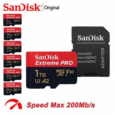 SanDisk Extreme PRO MicroSDXC-kort, U3 4K V30 A2-minneskort, TF-flashkort 128 GB 1 TB 512 GB 256 GB 64 GB 32 GB, höghastighets-MicroSD-kort, Mini SD-k - Multifärgad (32G,64G,128G,256G,512G,1T,2T,256G NYHET,512G NYHET,128G NYHET,64G NYHET)